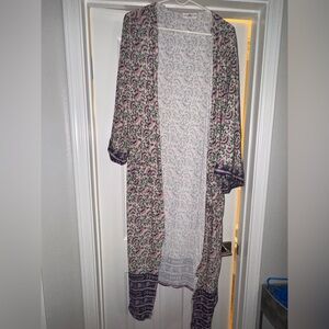 NATURAL LIFE raw hem open kimono duster floral blue pink green size S/M